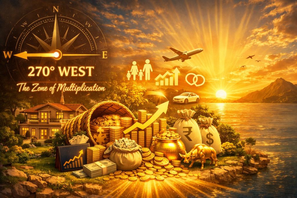 270 degree West direction in Vastu Shastra representing the zone of multiplication, showing wealth growth, financial abundance, success, prosperity, and positive energy flow in home and office spaces.