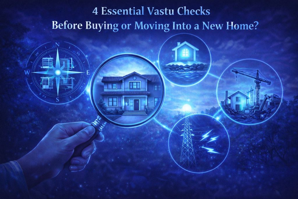 Vastu Shastra home buying checklist illustration showing key energy zones, house direction, land energy, and surroundings analysis before purchasing or moving into a new home.