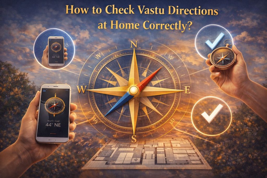 How to check Vastu directions at home using compass and mobile app, showing accurate direction alignment, floor plan mapping, and correct Vastu positioning for house energy balance.