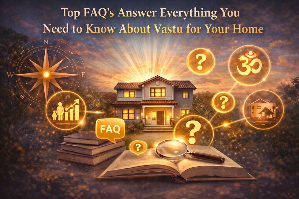 Frequently asked questions about Vastu for home illustrating house energy balance, directional alignment, and Vastu tips for prosperity, health, and harmony.