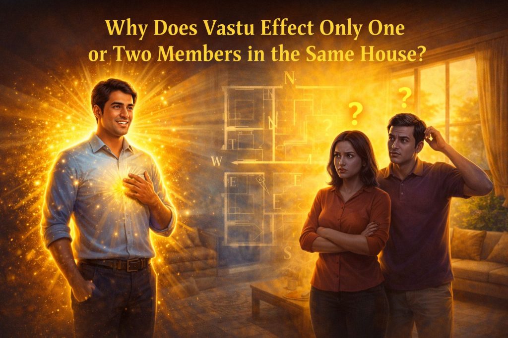 Why Vastu affects only certain family members in a house, illustrating energy zones, directional imbalance, and individual sensitivity to Vastu energy in home environment.